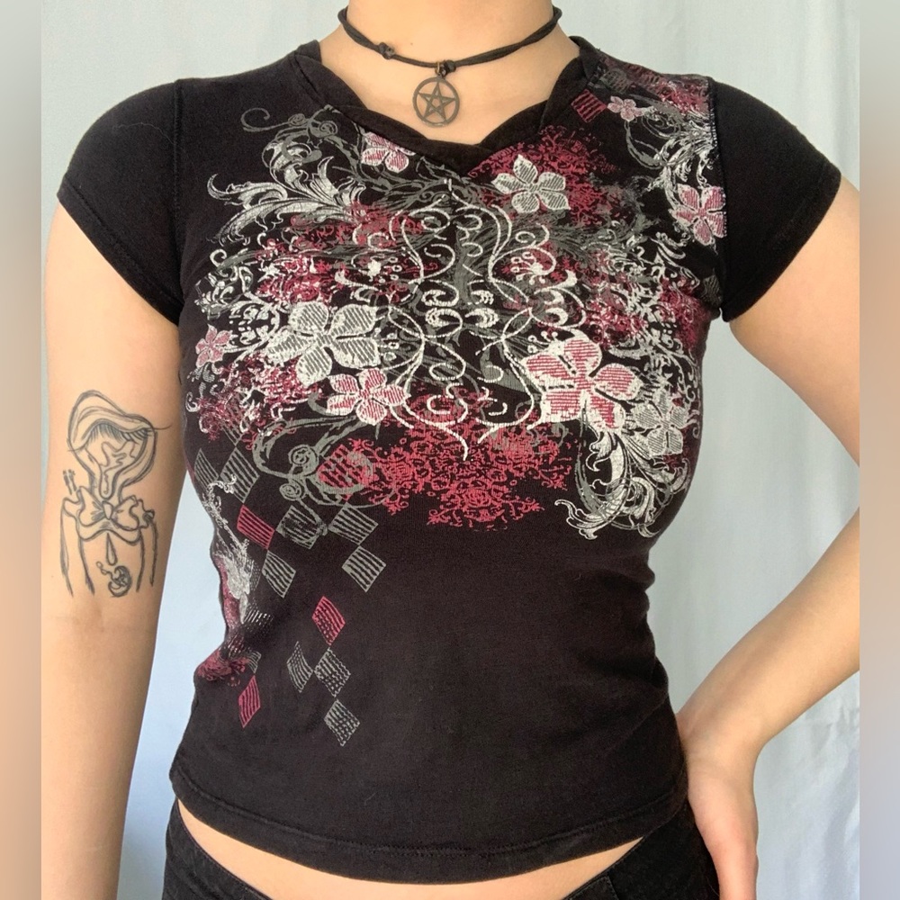 Y2K kids black white and pink gothic graphic baby tee